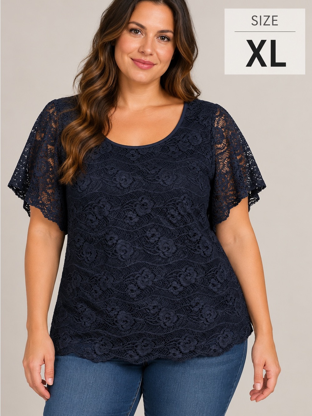 Leo & Nicole Navy Floral Lace Scoop Neck Blouse XL